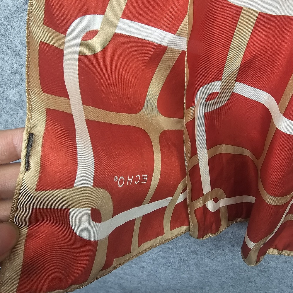 Echo Silk Scarf Women Red Tan Chain Link Designer Long Wrap Mod 70s Preppy 14x44 - Picture 9 of 11